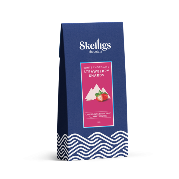Skelligs Chocolate White Chocolate Strawberry Shards in a dark blue and pink pouch with white design and white text.