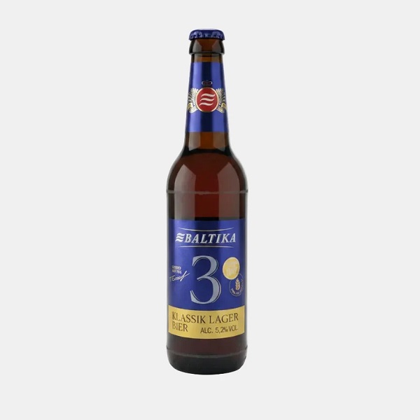 Baltika 3 Classic Lager in a dark bottle with a dark blue and gold label.