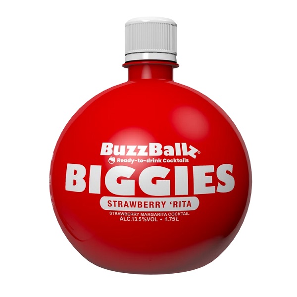 Buzzballz Biggies Strawberry Rita in a round red bottle with white text.