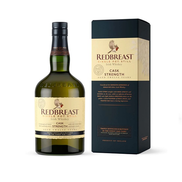 Redbreast 12 Year Old Cask Strength in a green bottle with a cream label and a black and cream box.