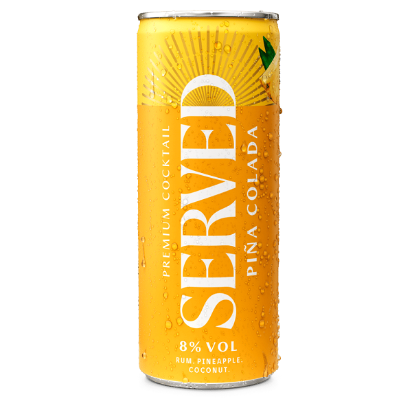 Served Pina Colada in a yellow can with white text.
