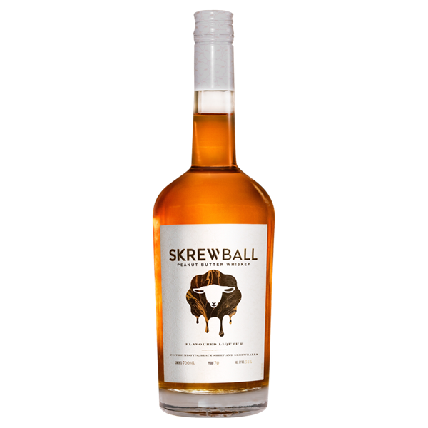 Skrewball Peanut Butter Whiskey with a golden colour in a glass bottle and a sheep on a white label.