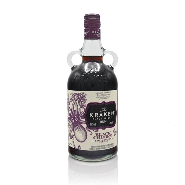 The Kraken Black Cherry & Madagascan Vanilla Black Spiced Rum in a clear bottle with a purple sea creature on a cream label and cream and purple text.