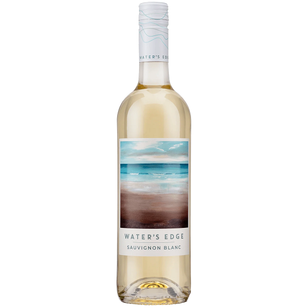 Waters Edge Sauvignon Blanc in a clear bottle with a beach scene label.