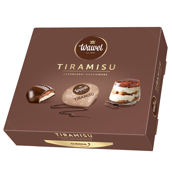 Wawel Tiramisu Chocolate Pralines in a brown box.